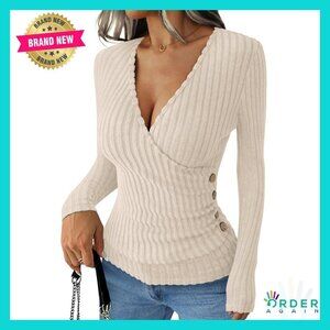 V-Neck Ribbed Knit Wrap Top Long Sleeve Slim Fit Sexy Sweater Fall Fashion
